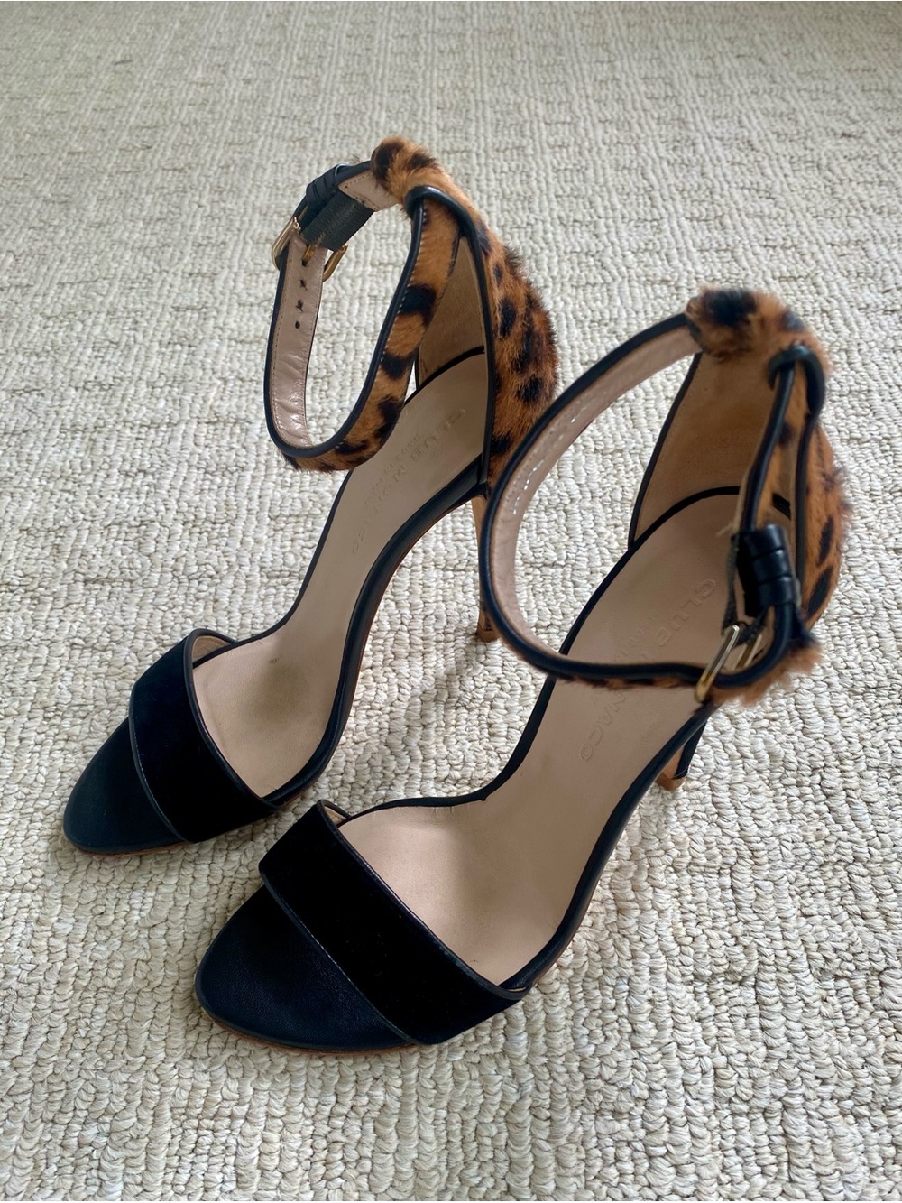 Club Monaco Black Suede and Leopard Print Heels with Ankle Strap, size 7